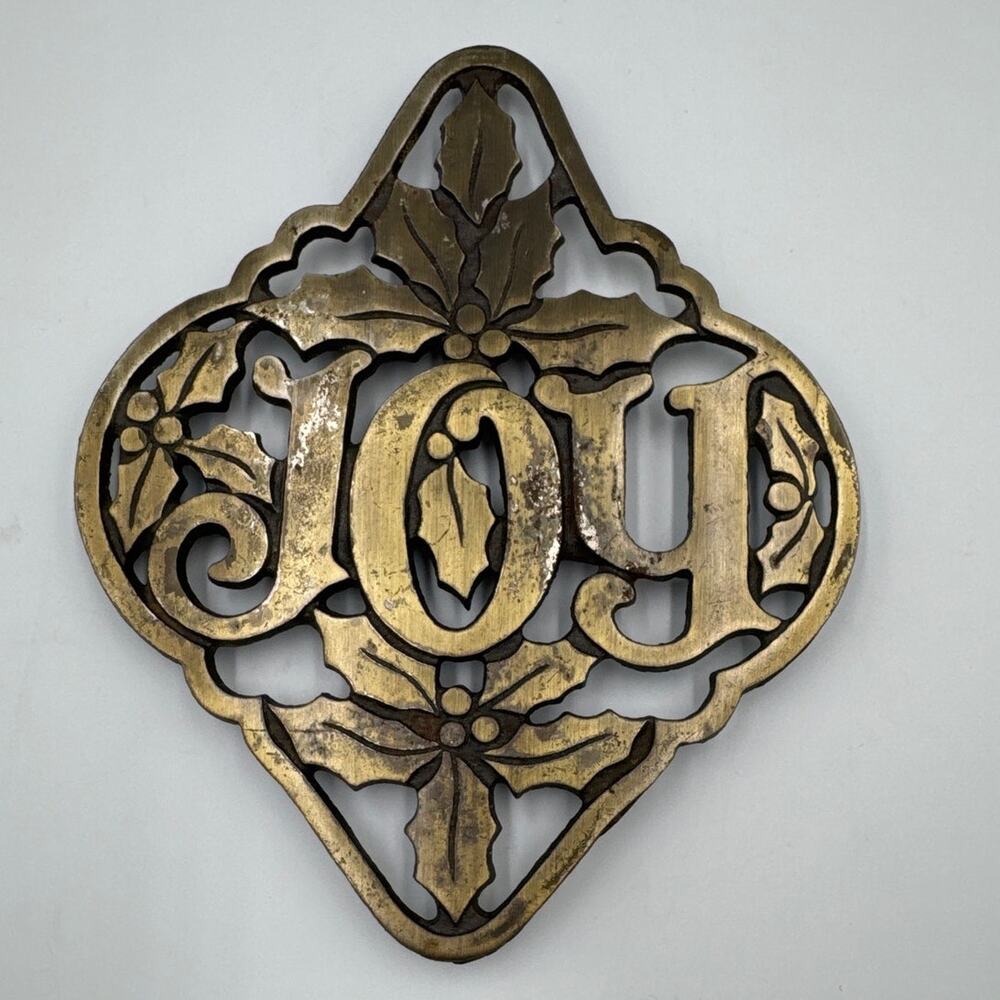 Vintage 70s 80s Cast Iron Brass Finish JOY Christmas Trivet Hangable Worn Avon
